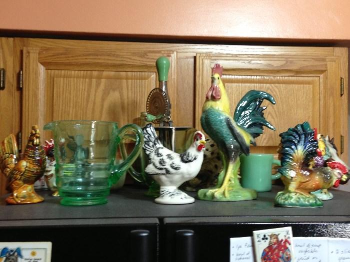 Antique and vintage Rooster Collection, Jadite and Other Glassware