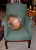 Very old reverse painted lampshade ...alas has some problems...Green Velvet Chair