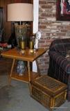 Oak endtable, rattan box, glass candleholders and more