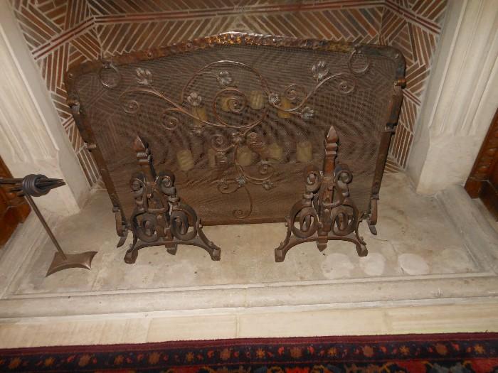 Bronze fireplace group with matching tools