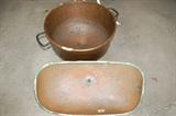 Copper Sink
Measurements: 30 1/2 " long, 17" wide and 7" deep
Copper Jelly Kettle
Measurements: 22 1/2" wide w/o handles, 14 1/2 " high