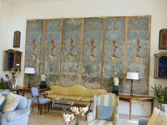 Very Important early 19th. C. 6-Panel Italian Screen from a Palazzo, above a 19th. C. Italian silk-upholstered Walnut Settee (Settee SOLD and these Roman Heads not for sale).