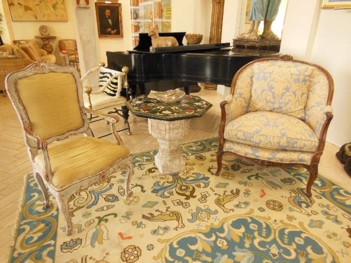 Large 19th. C. Italian Louis XV-Style Bergere and a Painted Italian Silk-Upholstered Armchair