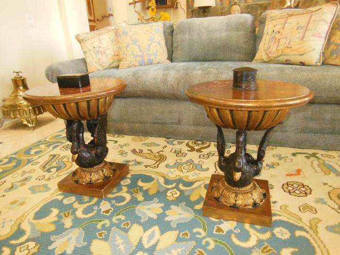 Fabulous pair of antique Italian Black Swan Gilt, gesso and lacquered pedestal tables.