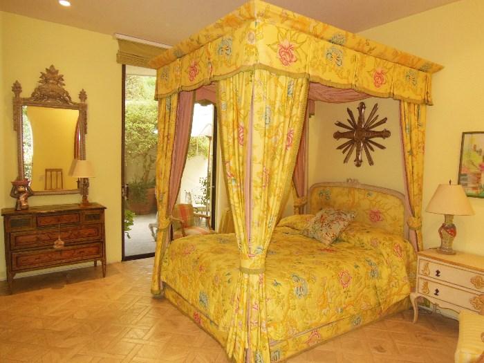 Fabulous Queen Size Canopy Bed, with an 18th. C. Painted Chest (left) beneath an Antique Italian Mirror.