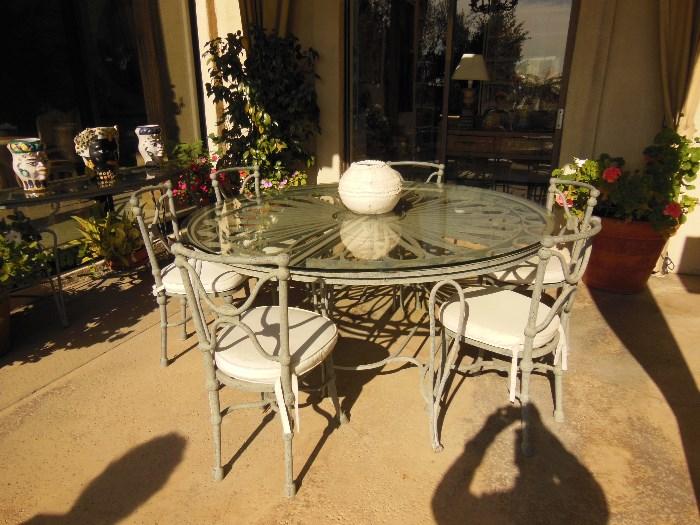 Two Iron Console Table joined to form one large Glass-Top Patio Dining Table w/ 6 Side Chairs