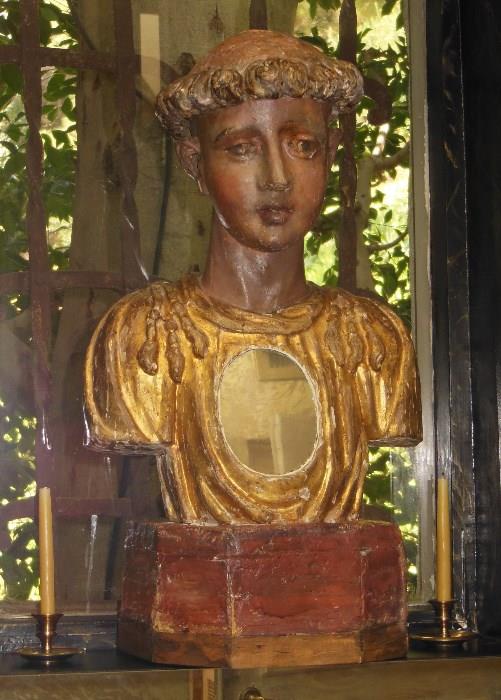 19th. C. Italian Parcel Gilt & Painted Reliquary of a Boy - reliquary replaced with a mirror.  SOLD