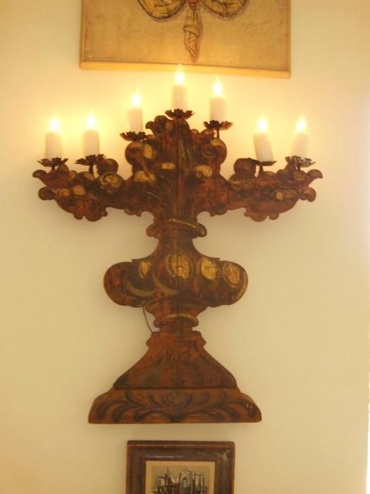 Pair of Antique Wood Candelabra Sconces, electrified