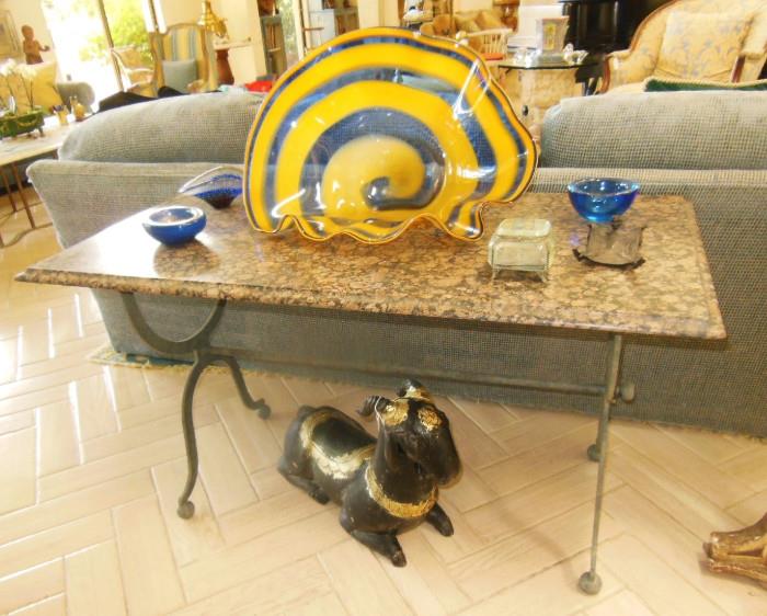 19th. C. Marble-Top Baker Table with an Oversized Chilhuly-Style SOLD Bowl & several pieces of Murano Glass