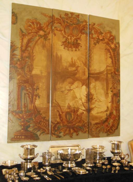 An 18th. C. Italian Hand-Painted 3-Panel Screen w/ an assortment of Silverplate and Sterling Articles.