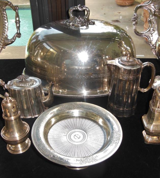 Impressive Antique Silverplated Meat Dome w/ a Fine Tiffany & Co. Sterling Silver Engraved Compote, ca. 1910.