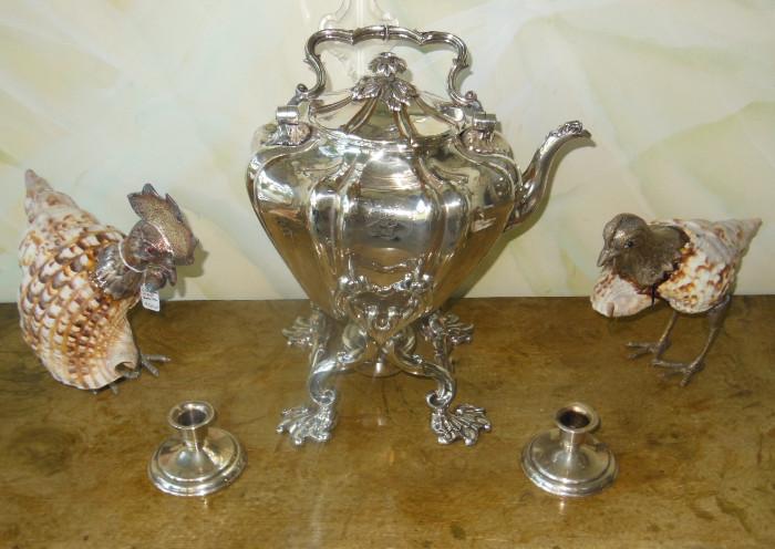 Exquisite Antique Silver-on-Copper Kettle-on-a-Stand with a pair of Silverplated Shell Rooster & Hen; small pair of Sterling Candlesticks.