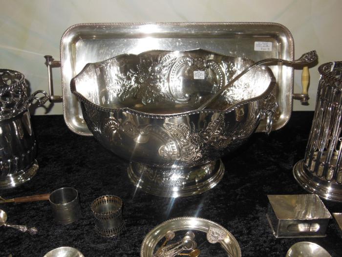 Large Antique Silverplate Punch Bowl w/ Ladle.
