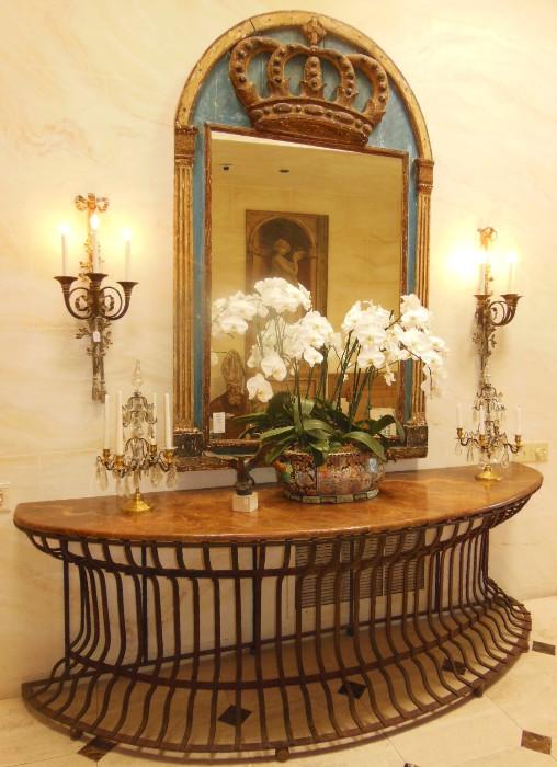 Fabulous 18th. C. Large Pier Mirror (SOLD) above an Iron Console Table w/ Faux Marble Top; a Fine Pair of 19th. C. Crystal Girondolles and an Antique Gilt Eagle in Flight