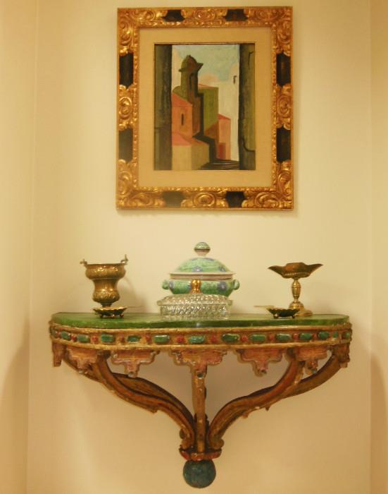 18th. C. Venetian 5-Arm Gilt & Faux-Painted Console Table below a Mid-Century Geometric Painting.