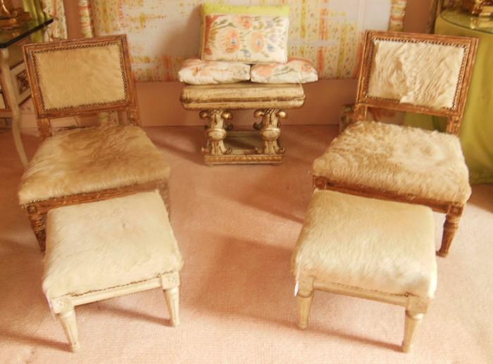 Pair of Louis XVI-Style Hide-Covered Slipper Chairs and Ottomans (sold separately)