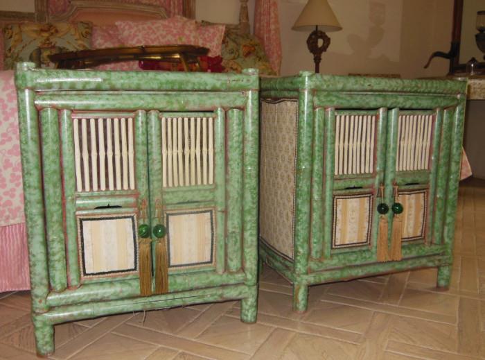 Pair of Tony Douquette-style Faux-Painted & Lined Bamboo Side Cabinets