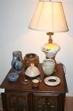 Pottery, h.p. lamp, side table, flower frogs