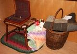Braided rug, quilts, basket, Native American dolls