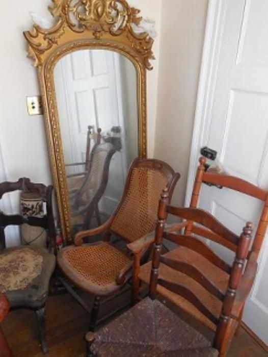 Pier mirror with marble base.  Mottville armed chair with caned seat, rocking chair and more chairs.  