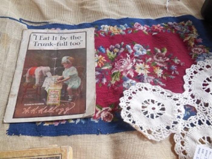 The Kellog's Advertising booklet in good condition. The hand made lace is a sample and the needlepoint piece is about 12" x 15"  