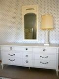 Henredon dresser and mirror                             White metal figural  lamp                                                