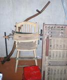 ANTIQUE HIGH CHAIR AND WICKER CRIB