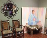Wrought Iron mirror, Adirondack chairs, Barnwood Table, and large Canvas Painted Screen