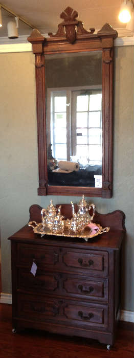 Eastlake style washstand and mirror topped by a gorgeous Sheraton tea service.