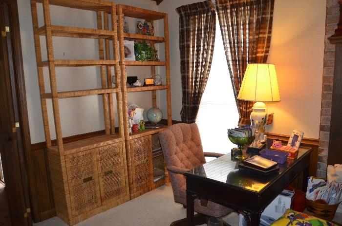 Wicker bookshelves, wood desk with chair