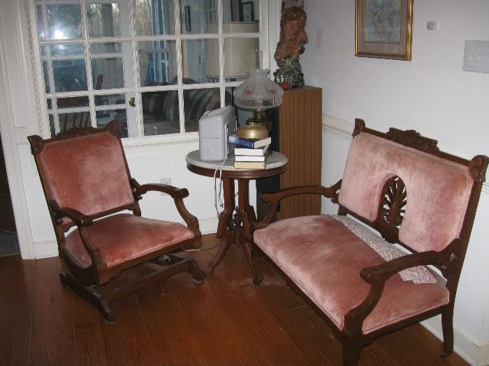 Victorian settee, rocker and marble top table
