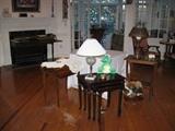 set of three nesting tables, drop leaf end table and walnut table