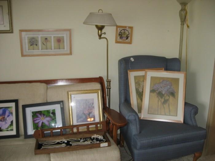 Blue wing chair and framed art work