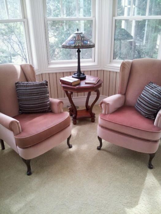 Wingback Chairs, Small Table, Decorator Pillows. Tiffany Lamp is not for sale. 