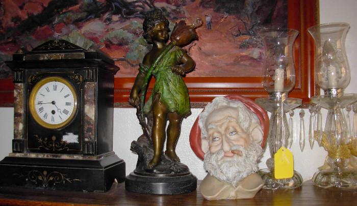 Mantle clock $75..NOW $37.50 bronze lamp SOLD, luster lamps $25 for pair..NOW $12.50, Italian bust of smoking man $45 NOW $22.50