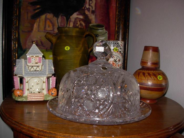 crystal butter dome dish..lenox musical house.mexican pottery water set..ALL 50%OFF