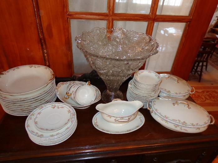 Limoges bone china set with lovely punch bowl and glasses
