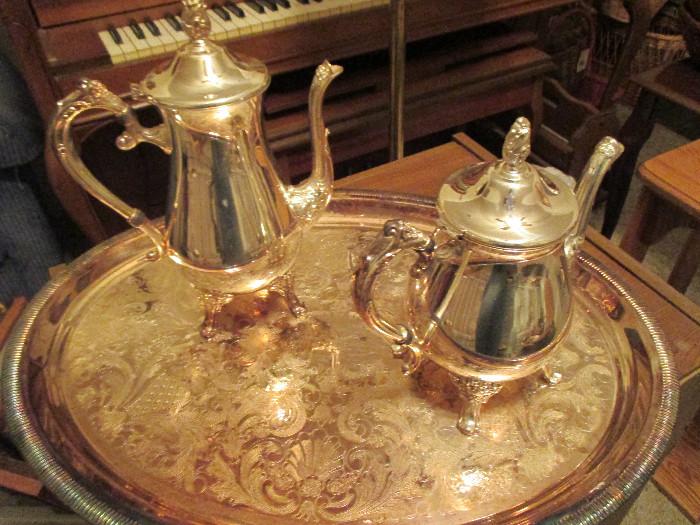 Silver plate tray, coffee pot, tea pot