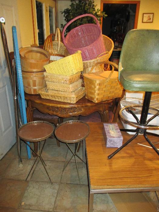 two vintage serving tables, green swivel bar stool, baskets