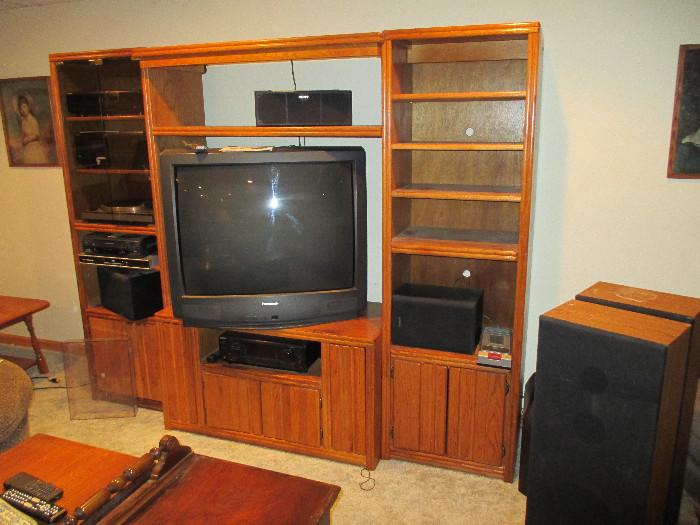 3 part wall unit, large TV, speakers