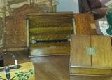 Antique Edwardian brass bound stationary cabinet with glass ink wells