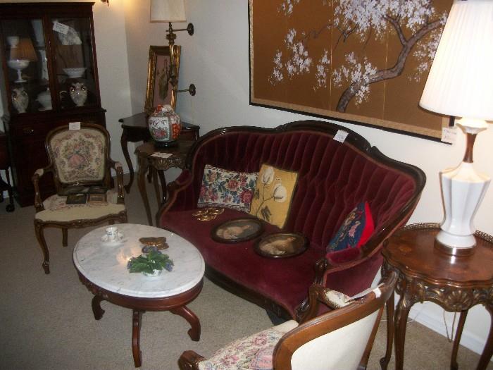 Victorian sofa, French chairs and tables