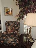 Wing back chair, Bombay side table, lamps, art, silk tree