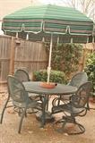 Outdoor table, 4 chairs and umbrella