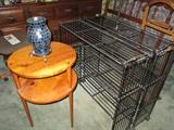 2 black metal shelves, 2 tiered round table