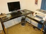 GLASS TOP COMPUTER DESK WITH COMPUTER AND PRINTER