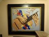 An original oil painting depicting a guitar being played. It is 22.5" high by 26" wide.