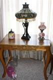 PARLOR TABLE + NEWER TIFFANY LAMP