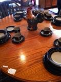    Round oak table/set of dishes/1 of many roosters