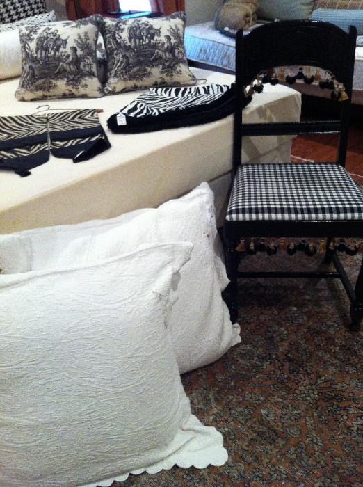  California white shams & custom black chair with checked cushion